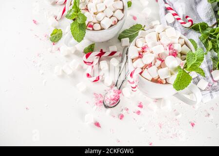 Cioccolata calda alla menta piperita fatta in casa. Due tazze di bevanda calda al cacao, con menta, marshmallow e canna da zucchero, su sfondo bianco del tavolo Foto Stock