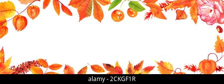 Sfondo autunno acquerello, banner panoramico con un posto per il testo, disegni botanici di colore acqua di foglie e rami, su sfondo bianco Foto Stock