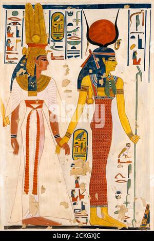 Regina Nefertari (1301-1255 a.C.) guidata da Isis, antica pittura egiziana di Charles K Wilkinson, circa anni 20, originale arte egiziana, 1279-1213 a.C. Foto Stock