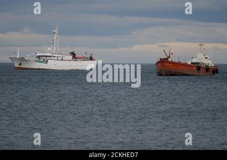 Provincia di Magellanes. Magallanes e Regione Cilena Antartica. Cile. 3 febbraio 2012: Navi sulla costa di Punta Arenas. Foto Stock