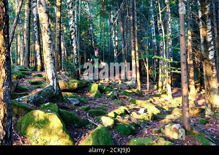 Donna sale in abiti sportivi e zaino. Cosce ravvicinate in scarpe da trekking sportive su erba verde e pietre rocciose con muschio di foresta montana autunnale Foto Stock