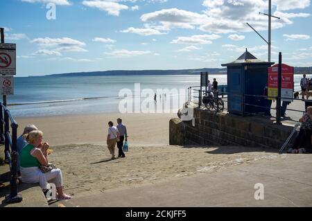 La spiaggia di Filey Cobble Landing, North Yorkshire costa est, Inghilterra settentrionale, Regno Unito Foto Stock