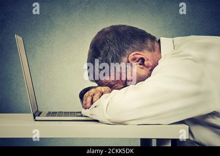 Profilo laterale uomo d'affari maturo che dormiva su un notebook isolato su uno sfondo grigio della parete dell'ufficio. Mancanza di sonno, concetto di ore di lavoro lunghe Foto Stock