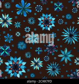 Senza cuciture acquerello romantico mandala astratto fiori blu motivo floreale su sfondo marrone. Immagine acquerello brillante. Stile boho textur Foto Stock