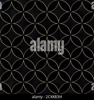 Cerchi in velluto nero di lusso sovrapposti motivo senza cuciture. Acquerello disegnato a mano nero e oro texture sfondo. Shap sfera geometrica acquerello Foto Stock