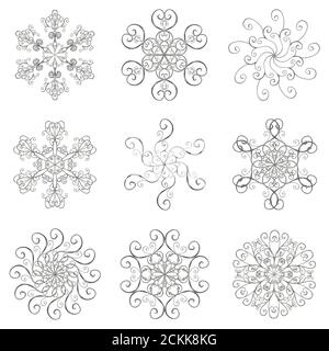 Snowflakes collezione d'argento effetto 3d isolato su sfondo bianco. Splendide icone della neve, silhouette. Elementi di design di Natale, Capodanno con Foto Stock