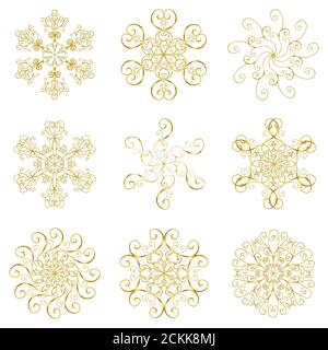 Collezione di fiocchi di neve d'oro isolato su sfondo bianco. Golden belle icone di neve piatta, silhouette. Elementi di design di Natale, Capodanno con Foto Stock