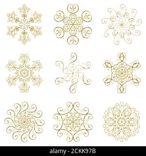 Snowflakes 3d effetto oro set collezione isolato su sfondo bianco. Golden belle icone neve, silhouette. Elementi di design di Natale, New Yea Foto Stock