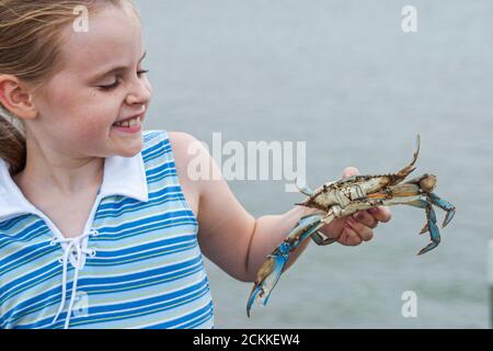 Virginia Newport News vicino a James River Bridge, crabbing ricreazione acqua ragazza ragazze femmina catturato granchio, guarda tenere in mano bambini Foto Stock