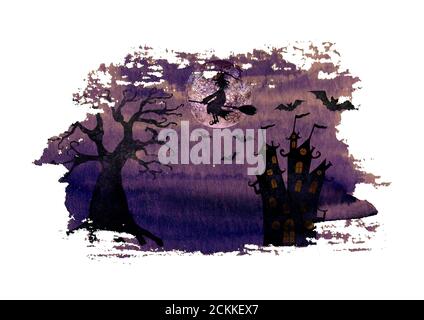 Sfondo di Halloween con silhouette di strega malvagia che volano su scopa, terribile albero morto, castello, pipistrelli e luna piena su acquerello disegnato a mano pu scuro Foto Stock