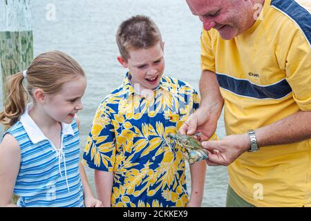 Virginia Newport News vicino a James River Bridge, crabbing ricreazione acqua ragazzo ragazzi maschio catturato granchio, guarda ragazza ragazze uomo femmina uomini padre, tiene Foto Stock