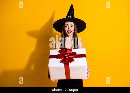 Ritratto di lei attraente piuttosto affascinante allegro allegria stupito signora mago che tiene in mano dandogli grande occasione giftbox isolato luminoso Foto Stock