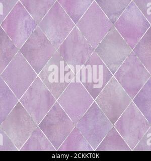 Acquerello argyle astratto motivo geometrico senza cuciture plaid con linea argentata glitter contorno. Acquerello mano disegnata lavanda texture sfondo. Prin Foto Stock