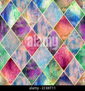 Acquerello argyle astratto motivo geometrico plaid senza cuciture con linea oro glitter contorno. Acquerello mano disegnata brillante sfondo colorato. Foto Stock