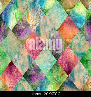 Acquerello argyle astratto verde motivo geometrico plaid senza cuciture. Acquerello mano disegnata brillante sfondo colorato. Stampa testurizzata per texti Foto Stock