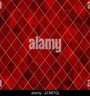Acquerello rosso sangue argyle astratto plaid motivo senza cuciture con linea oro glitter contorno. Watercolor mano disegnata Endless grunge Halloween Backgroun Foto Stock