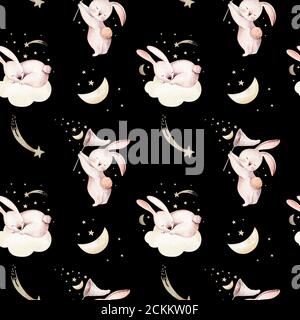 Carino animale coniglio coniglio senza giunture cometa con oro starsin cielo notte, foresta bunny illustrazione per i vestiti dei bambini. Sfondo vivaio Foto Stock