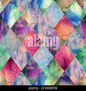 Acquerello argyle astratto motivo geometrico plaid senza giunture. Acquerello mano disegnata brillante sfondo colorato. Stampa testurizzata per tessuti, wa Foto Stock