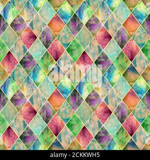 Acquerello argyle astratto verde motivo geometrico plaid senza cuciture con linea oro glitter contorno. Colore dell'acqua disegno a mano brillante trama colorata backg Foto Stock