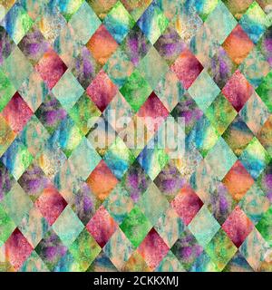 Acquerello argyle astratto motivo geometrico plaid senza giunture. Acquerello mano disegnata colore verde brillante texture sfondo colorato. Stampa testurizzata per texti Foto Stock