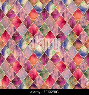 Acquerello argyle astratto motivo geometrico plaid senza giunture. Acquerello mano disegnata brillante sfondo colorato. Stampa testurizzata per tessuti, wa Foto Stock