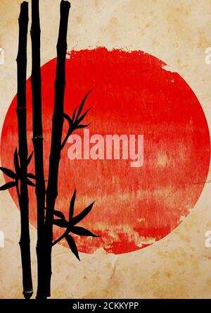 Silhouette nera di gambi di bambù e foglie su grande sole rosso isolato su sfondo verticale di vecchia carta marrone. Acquerello disegnato a mano tradizionale giapponese Foto Stock
