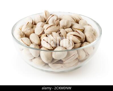 Pistacchi salati in recipiente di vetro isolato su sfondo bianco con tracciato di ritaglio Foto Stock