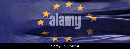 Simbolo UE. Bandiera dell'Unione europea ondulazione texture sfondo, banner. illustrazione 3d Foto Stock