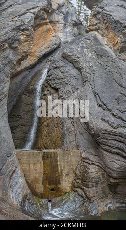 Hamilton Falls (precedentemente utilizzato come fonte d'acqua) vicino al lago Emerald nel Parco Nazionale di Yoho, British Columbia, Canada Foto Stock