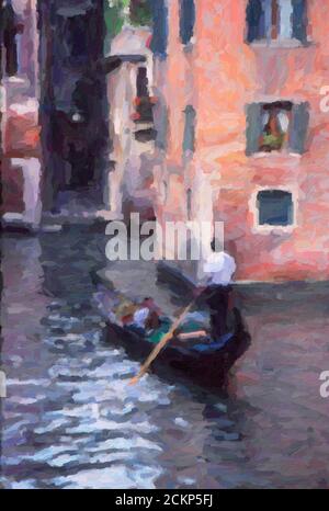 Effetto digitale impasto pittura di un gondoliere a Venezia su un canale Foto Stock