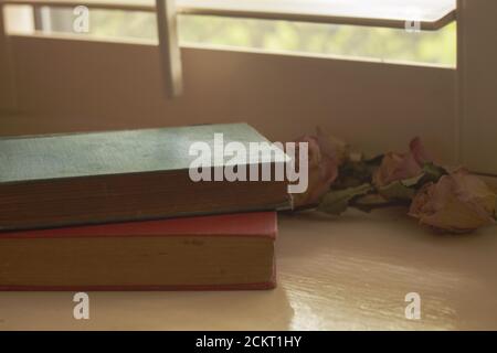 Set di libri d'epoca sul davanzale con rosa appassita rose Foto Stock