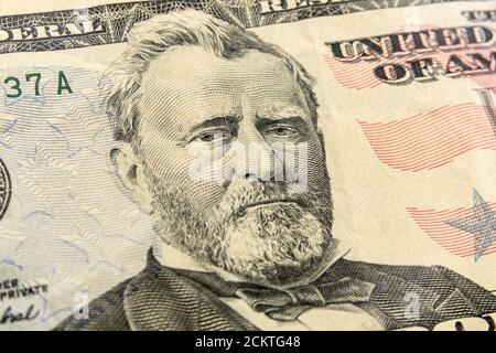 Macro-visione del Presidente e del Generale Ulysses Grant sul conto dei cinquanta dollari USA. Foto Stock