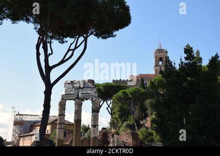 Tempio di Castor e Pollux nel Foro Romano di Roma, Italia Foto Stock