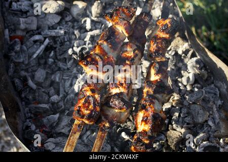 Sgranare il kebab con carne. Su una griglia metallica con calici. In primo piano. Foto Stock