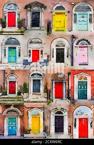 Illustrazione acquerello di 16 porte colorate davanti a case e case. Colorata collezione di porte a Dublino, Irlanda. Foto Stock