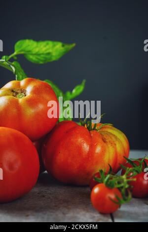 Pomodori coltivati in casa ancora vita, fuoco selettivo Foto Stock