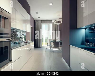 Design luminoso della cucina. rendering 3d Foto Stock