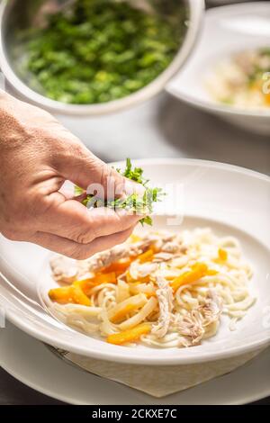 Condire a mano il prezzemolo fresco con un mix di tagliatelle e carote, preparando una zuppa di pollo Foto Stock