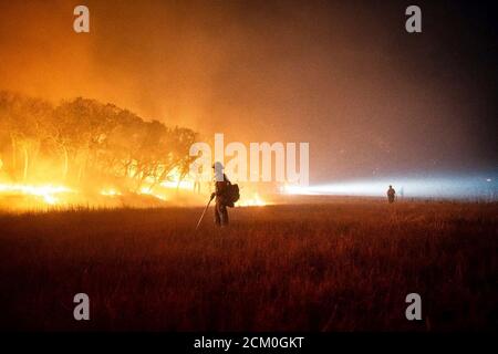 I vigili del fuoco lavorano per contenere il Pine Gulch Fire sulle pendenze occidentali durante le operazioni notturne 3 agosto 2020 vicino a Grand Junction, Colorado. Il fuoco selvatico è il più grande nella storia del Colorado che distrugge decine di migliaia di ranch e habitat naturali. Foto Stock