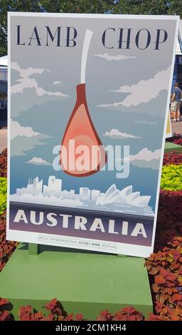 Un poster che rappresenta l'Australia e le loro famose costolette di agnello all'Epcot International Food & Wine Festival, Walt Disney World Resort, Orlando, USA Foto Stock