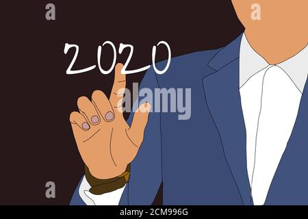 Uomo d'affari che indica 2020 grafico piano di crescita aziendale futuro. Business concetto di sviluppo per il successo e crescita crescente. Illustrazione Foto Stock