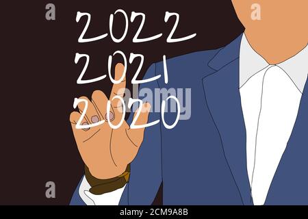 Uomo d'affari che indica 2021 grafico piano di crescita aziendale futuro. Business concetto di sviluppo per il successo e crescita crescente. Illustrazione Foto Stock