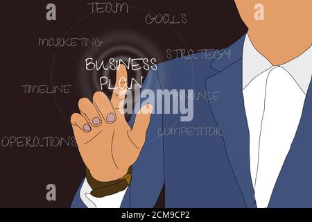 Uomo d’affari che indica il piano di crescita aziendale del futuro. Business concetto di sviluppo per il successo e crescita crescente. Illustrazione Foto Stock