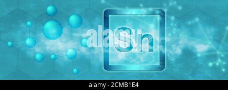 Simbolo SN. Elemento chimico dello stagno con molecola e rete su sfondo blu Foto Stock