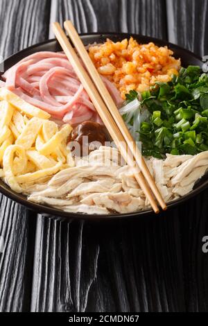 Panna Thang vietnamita di Noodle zuppa con pollo, maiale, uovo, erba e gamberi chiocciole nel piatto sul tavolo. Verticale