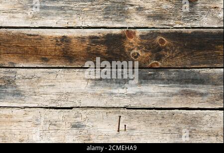 Particolare di una vecchia porta in legno non verniciata con doghe orizzontali e molto tessuta. Foto Stock