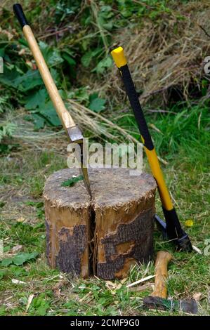 Due ax nel moncone con cresta di legno su uno sfondo di erba verde e legna da ardere Foto Stock