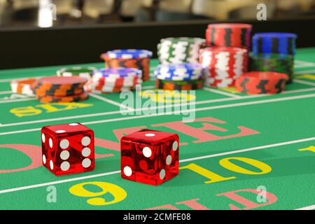 Primo piano di dadi su un tavolo di craps. Concetto di gioco d'azzardo. illustrazione 3d. Foto Stock