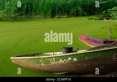 Vecchia canoa e uno scarpone di legno a riva del laghetto con secchio su di esso Foto Stock