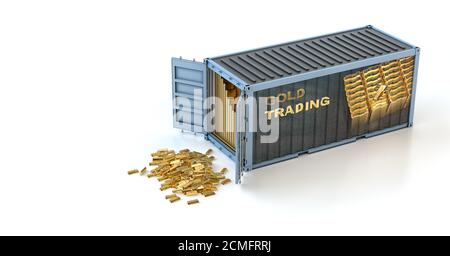 Contenitore di carico riempito con barre d'oro e pubblicità per il commercio d'oro sul pannello del sito. Rendering 3D Foto Stock